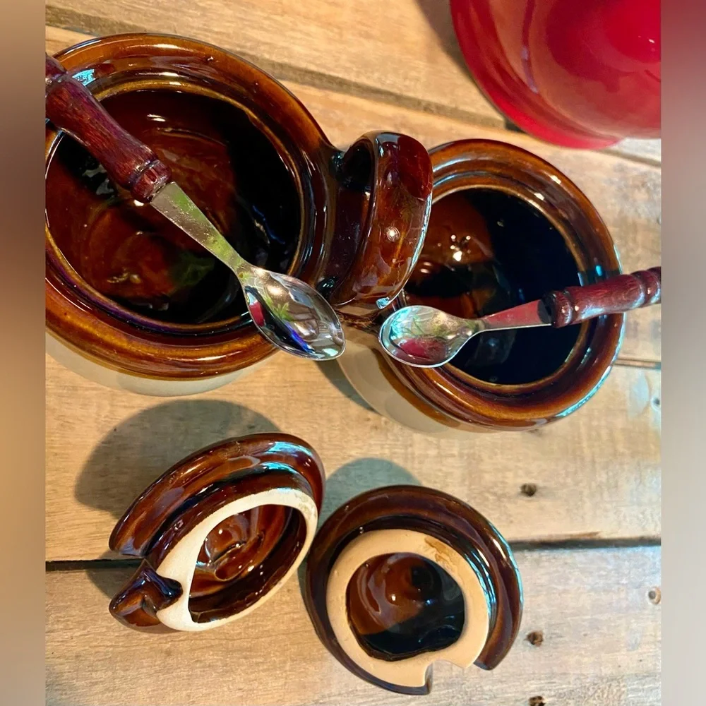 🔥Brown Drip Condiment Double Bowl with Lids & Spoons🔥